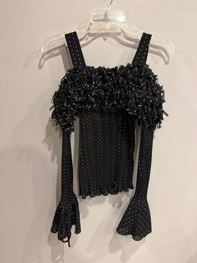 Black Polka Dot Textured Off-Shoulder Smocked Blouse